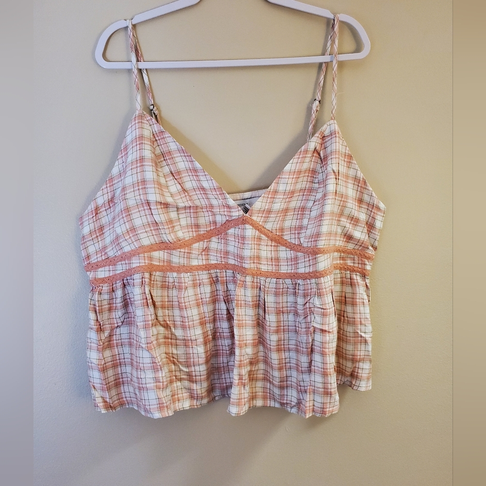 NWT Forever 21 Pink and Cream Plaid Crop Spaghetti Strap V-Neck Top Size 3X